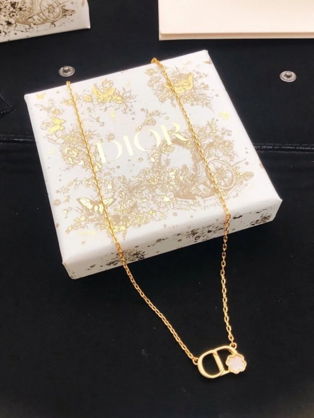 Dior Petit CD Gold Plated Necklace Pink Mother of Pearl Four Leaf Clover Flower